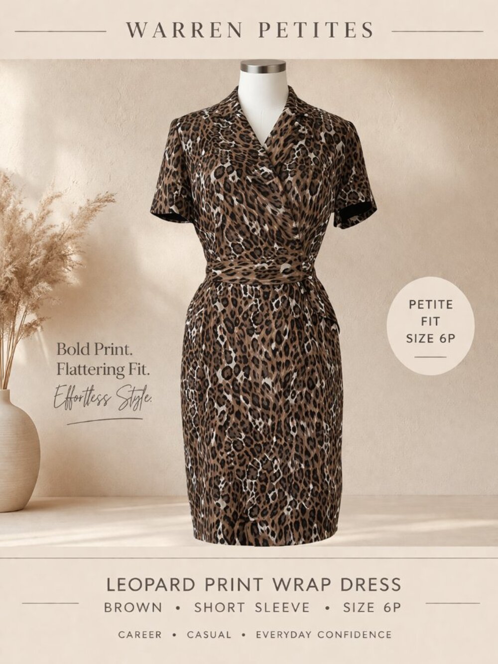 Warren Petites Leopard Print Wrap Dress Brown Size 6P Short Sleeve